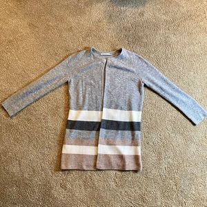 Women’s Small Stitches & Stripes Grey White Tan Cardigan Sweater